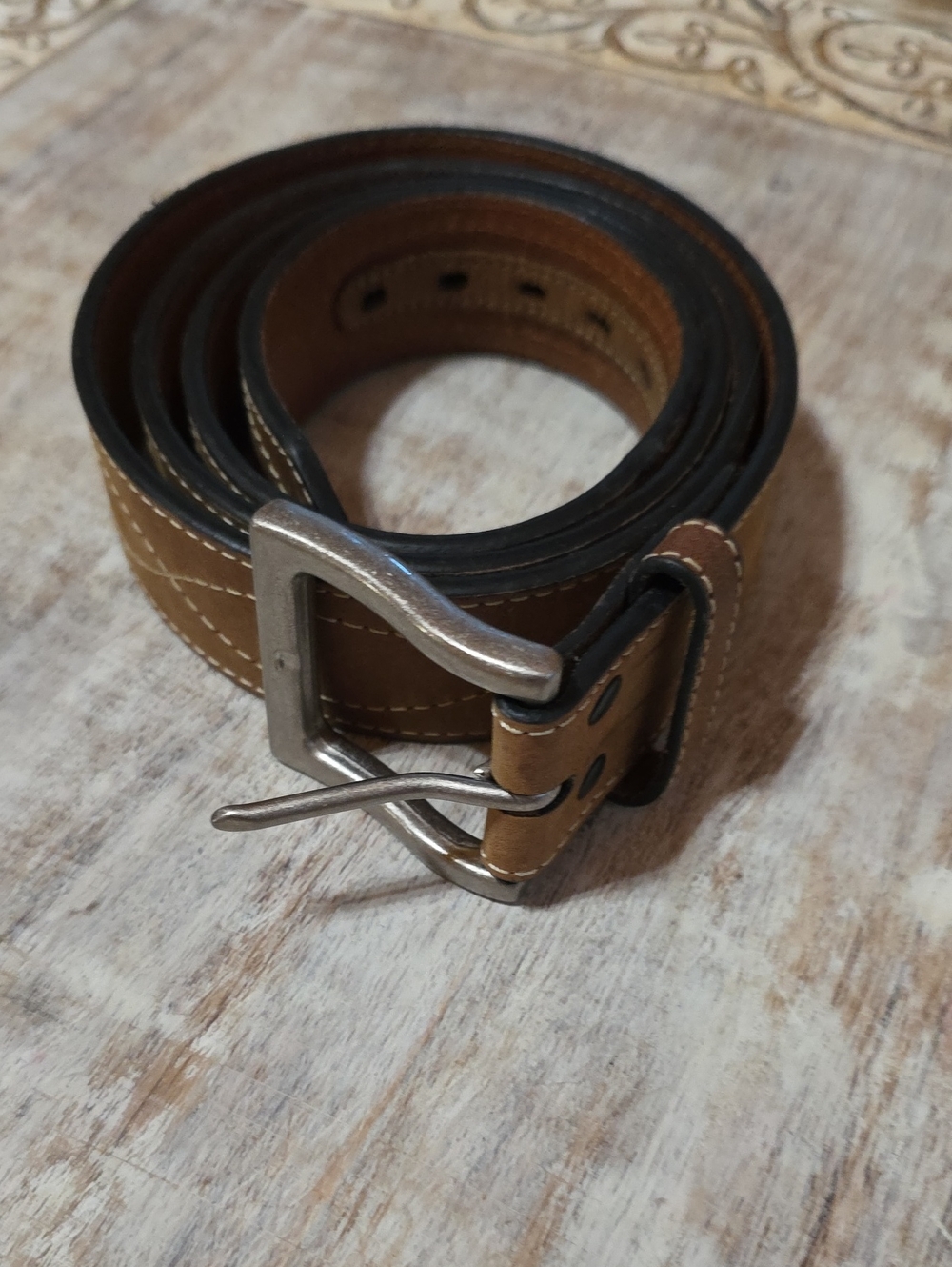 Men's Genuine Leather Belt Size 46 Brown Western Stitching Silver Buckle
